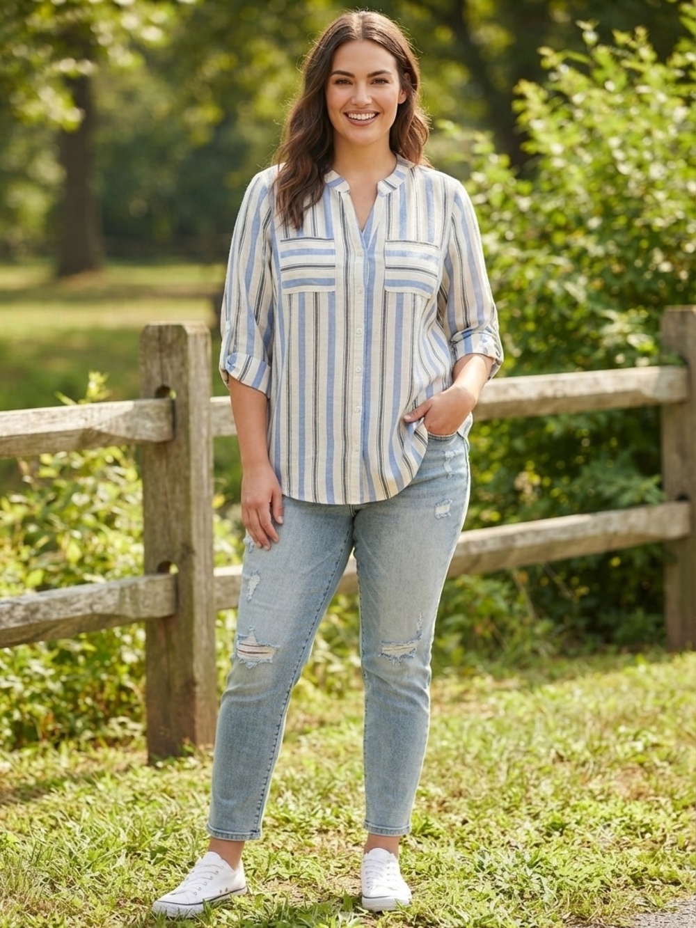 Apt. 9 Blue and Cream Striped Button-Front Blouse Size XL